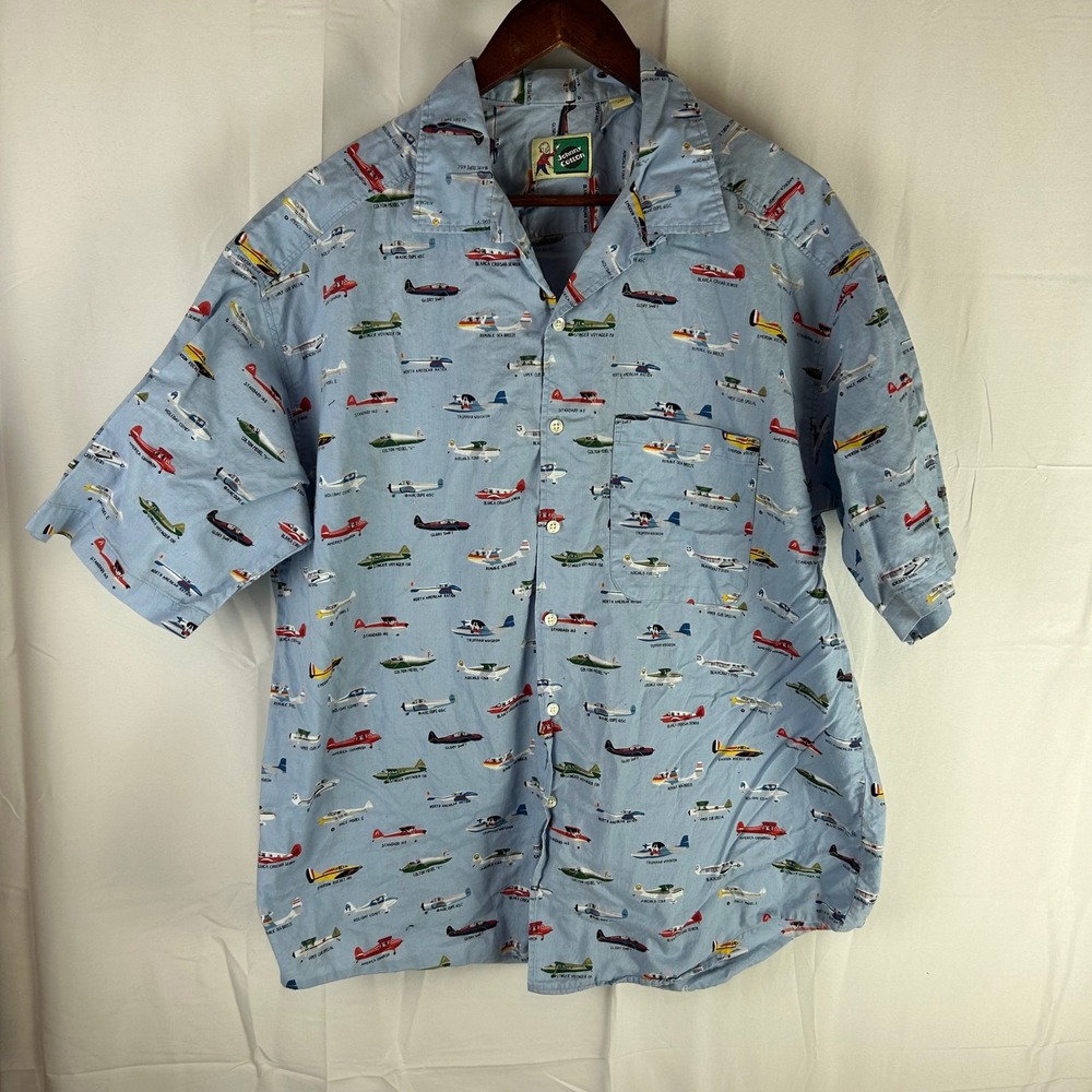 Johnny Cotton Mens Large Blue Aircraft Print‎ Short Sleeve Button Shirt USA Made